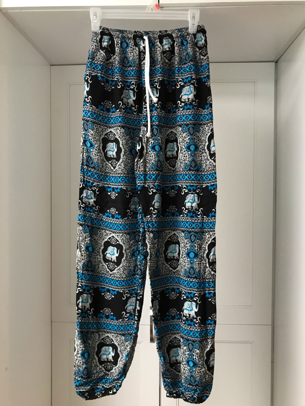 Thai Elephant Black & Blue Patterned Drawstring Lounge Pants S/M